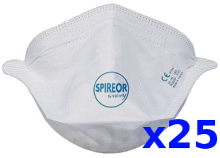 Boîte de 25 Masques respiratoires FFP3 sans valve (Spireor), pour amiante, poussières, virus, etc... - EN149, EN14683