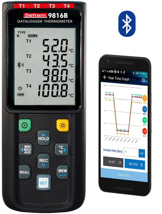 Thermomètre numérique enregistreur 4 voies - pour sonde type K, J, T, E, N R et S - USB & Bluetooth