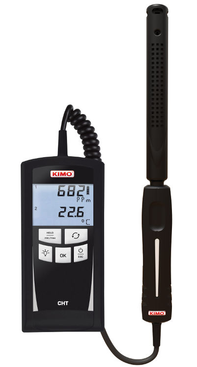 Mesureur de CO2 et thermo-hygro portable, 0-5000 ppm, -20 - +80°C, 5-95%HR, écran 2 lignes