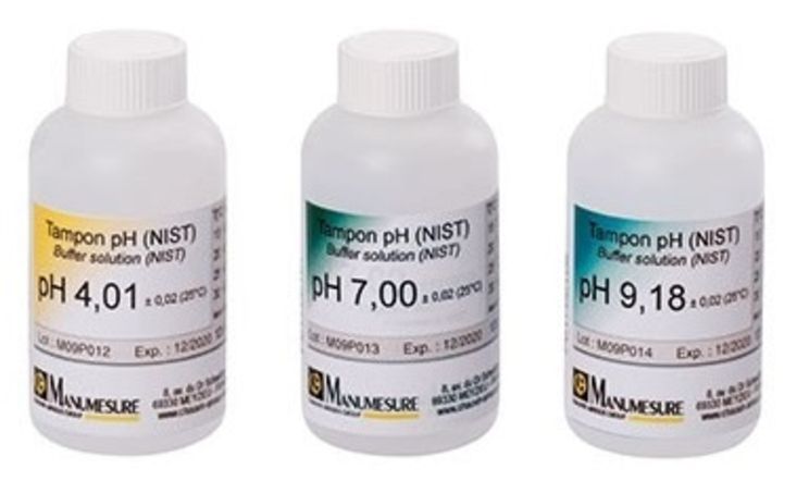 Lot de 3 solutions tampon de 4.01, 7.00 et 9.18 pH - NIST & DIN19266 - Bouteilles de 125mL