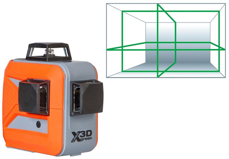 Laser multiligne - 3x 360° - laser vert - Croix et point d´aplomb - filetage trépied (1/4" et 5/8") - En mallette avec support mural, cible...