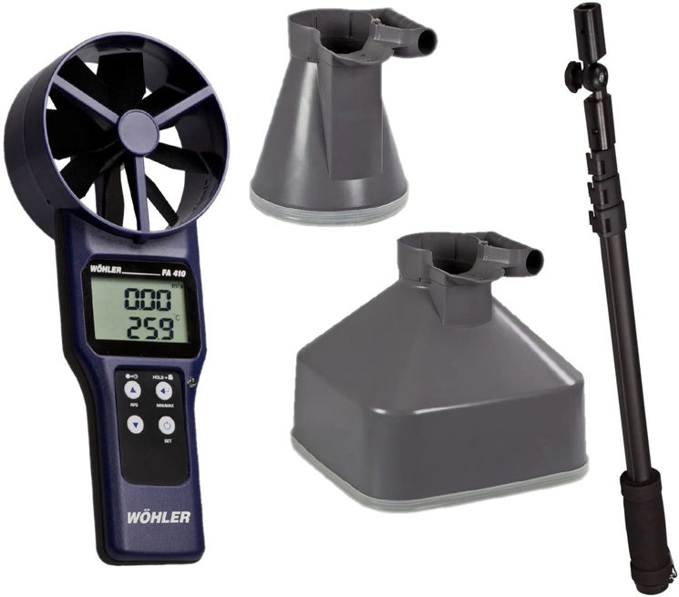 Kit Thermo-anémomètre à hélices avec deux cônes de mesure de débit et perche télescopique